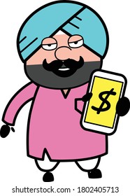 Cartoon Cute Sardar Showing Money in Cell Phone