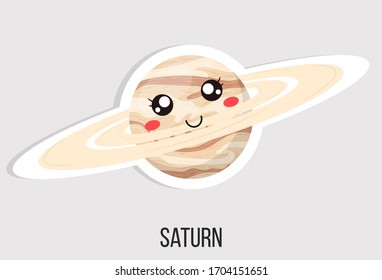 Cartoon cute saturn planet isolated on white background. Planet of solar system. Cartoon style vector illustration for any design.