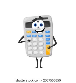 Cartoon cute school calculator character. Office or school student electronic accessory for finance calculation or math. Stationery funny vector mascot, happy smiling calculator