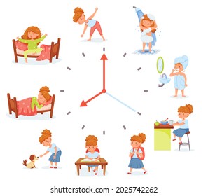 Cartoon cute school girl daily routine activities. Child exercising, going to school. Kids hygiene and everyday schedule vector illustration. Big clock with habits and cheerful female character