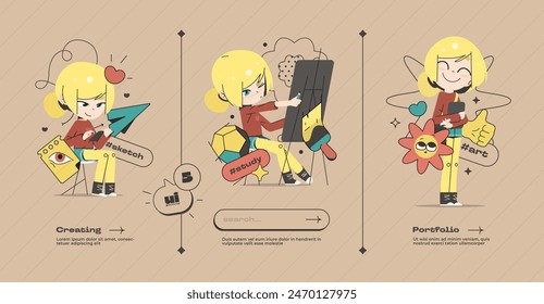 Cartoon Cute School Girl for Web Design. 3 Vertical Banners for ui