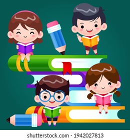 Cartoon Cute School Kids Reading And Learning On Big Books. Perfect for mascot, children book cover, children book illustrations, wallpaper, kid's brochure, puzzle, game illustration, etc