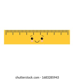 Cartoon cute school ruler isolated on white background for educational, school or office design. Kawaii style