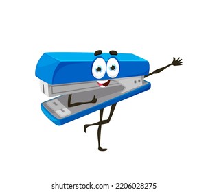 Cartoon cute school stapler character. Isolated vector office stationery personage with cute smiling face. Blue stapler with positive emotions, tool for stapling paper and documents