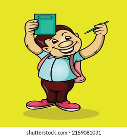 cartoon cute school student holding book and pencil back to school