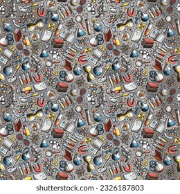 Cartoon cute Science seamless pattern. Colorful detailed, with lots of objects background. Endless funny vector illustration. Bright colors scientific backdrop