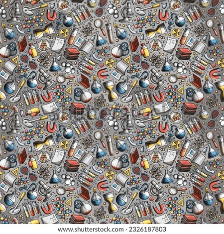 Cartoon cute Science seamless pattern. Colorful detailed, with lots of objects background. Endless funny vector illustration. Bright colors scientific backdrop