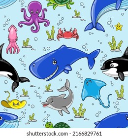 Cartoon cute sea animals. Seamless vector pattern on a blue background.