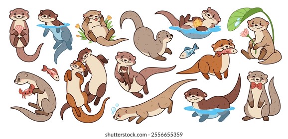 Cartoon cute sea otter characters. Funny wild marine animals, different actions and poses, cute water happy mammals, swimming, playing and eating, isolated stickers, kawaii tidy vector set