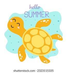 cartoon cute sea turtle isolated on white background, vector illustration with animal character, summer card