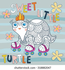 Cartoon cute sea turtle in a naif doodle childish drawing isolated in white background.Rolling skating.