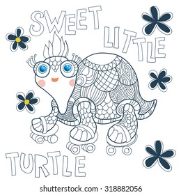 Cartoon cute sea turtle in a naif doodle childish drawing isolated in white background.Rolling skating.