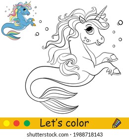 Cartoon cute sea unicorn with bubbles. Coloring book page with colorful template for kids. Vector isolated illustration. For coloring book, print, game, education, party, design, decor, apparel