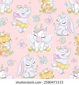 Cartoon. Cute seamless pattern animals baby for baby textiles. Print on clothes and fabric. Fashionable seamless pattern.