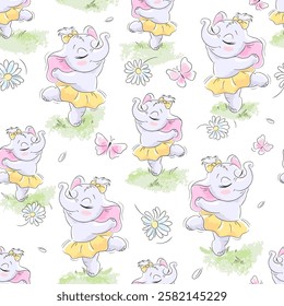 Cartoon cute seamless pattern elephant ballerina. Fashionable seamless pattern. Print on clothes and fabric. 