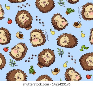 Cartoon cute seamless pattern with hedgehogs on blue background. Can be used for sticker, patch, phone case, poster, t-shirt, mug , baby shampoo, invitation and other design