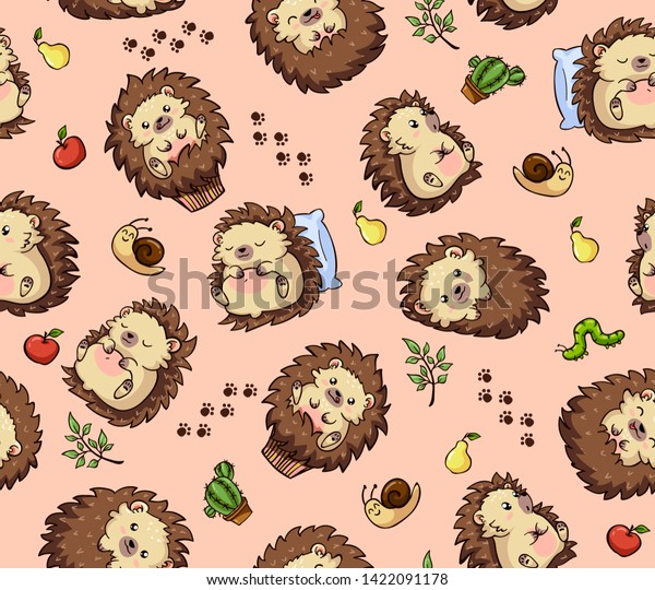 Cartoon cute seamless pattern with hedgehogs on\
pastel color pink background. Can be used for sticker, patch, phone\
case, poster, t-shirt, mug , baby shampoo, invitation and other\
design