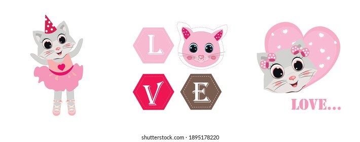 Cartoon cute set baby cats. Lettering. Vector illustrations. Perfect for greeting cards, party invitations, posters, stickers, pin, scrapbooking, icons.