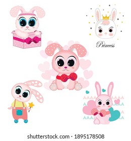 Cartoon cute set baby rabbit or bunny. Lettering. Vector illustrations. Perfect for greeting cards, party invitations, posters, stickers, pin, scrapbooking, icons.