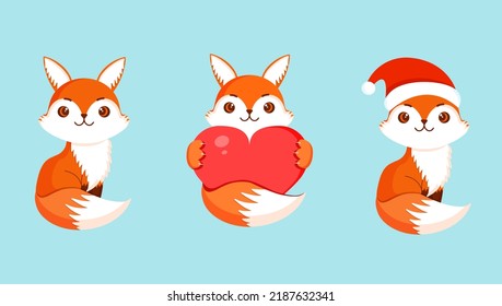 Cartoon cute set of foxes for different holidays: christmas, valentine's day, summer. Vector illustration of a forest red fox on an isolated background. Animal character design.