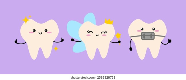 Cartoon Cute Set with Tooth Fairy, Happy Shiny Tooth and Braces. Children dental Illustration 