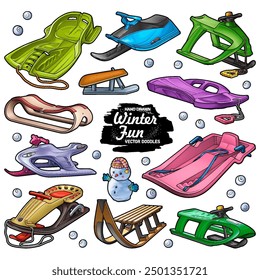 Cartoon cute set of winter children's sleds. Funny vector outdoor games collection. Hand-drawn, not AI