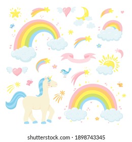 Cartoon cute set of wonderful fantasy elements with unicorn and rainbow. Can be used for card, print, invitation, poster. Vector illustration isolated on a white background