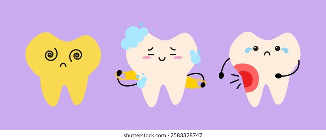 Cartoon Cute Set with Yellow sick tooth, Tooth with Foam and Sad Tooth with Pain and Red Spot. Children dental Illustration 