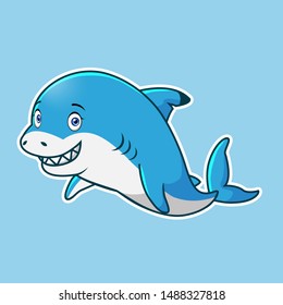 Cartoon cute of shark with blue background.