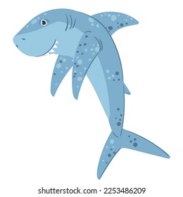Cartoon cute shark character. Swimming ocean shark creature, marine predator mascot. Underwater shark predator flat vector illustration on white background