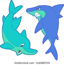 Cartoon cute shark and dolphin. Illustration on a white background.
