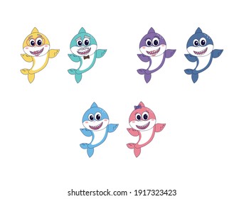 Cartoon cute shark family vector flat illustration. Colorful parents and kids fish isolated on white background. Baby, mommy, daddy, grandpa, grandma shark. Set of different hand drawn childish sharks