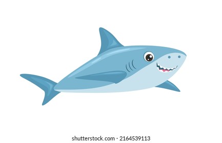 Cartoon cute shark isolated on white. Vector funny sea fish. Flat icon. 