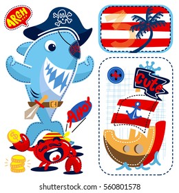 Cartoon cute shark in pirate costume posing standing with crab on striped background illustration vector.