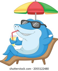 cartoon cute shark sitting and holding a drink