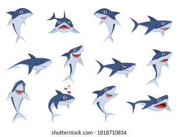 Cartoon cute sharks. Underwater characters with different emotions, happy, sad and surprised, smile, funny and angry ocean swimming fish cheerful mascot stickers, comic animal flat vector wildlife set