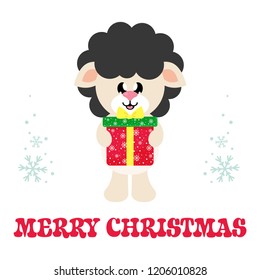 cartoon cute sheep black with christmas gift and text