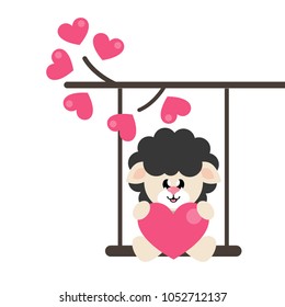 cartoon cute sheep black with heart on a swing and on a lovely branch