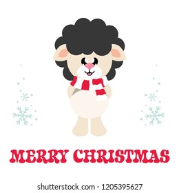 cartoon cute sheep black with scarf and christmas text