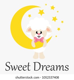 cartoon cute sheep black with tie and moon and text