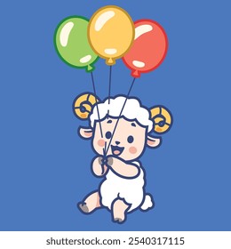 Cartoon cute sheep floating with balloon hand drawing illustration vector