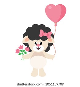 cartoon cute sheep girl black with bow and flowers and lovely balloons