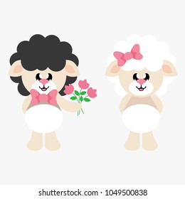 cartoon cute sheep girl with bow and sheep black boy with flowers