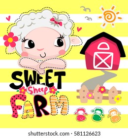 Cartoon cute sheep girl resting chin on hands at the farm on yellow and white striped background vector.