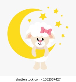 cartoon cute sheep girl white with bow and moon