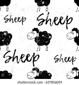 Cartoon cute sheep pattern vector illustration. Cartoon doodle sheep in black and white color. Vector print sheep. -stock vector