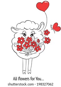 Cartoon cute sheep with red hearts and flowers.  Idea for greeting card with Happy Wedding or Valentines Day or Mothers day. Vector doodle illustration.