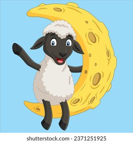 Cartoon cute sheep sitting on the moon character design illustration