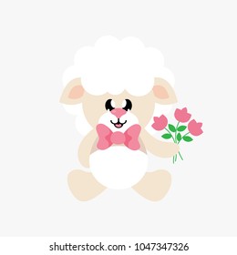 cartoon cute sheep sitting with tie and flowers