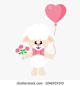 cartoon cute sheep with tie and flowers and lovely balloons